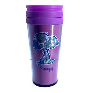 Paisley Snoopy Travel Mug With Purple Lid 16 Oz Double Wall Insulated Tumbler 7”